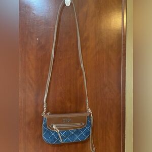 Chaps Blue Denim Crossbody with Brown Trim